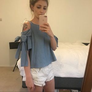 SEA Chambray Denim Shoulder Tie Cropped Top